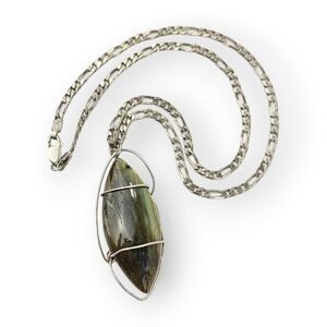 Labradorite Sterling Pendant Necklace Figaro Chain Blue Flash 925 Silver Vtg 17"